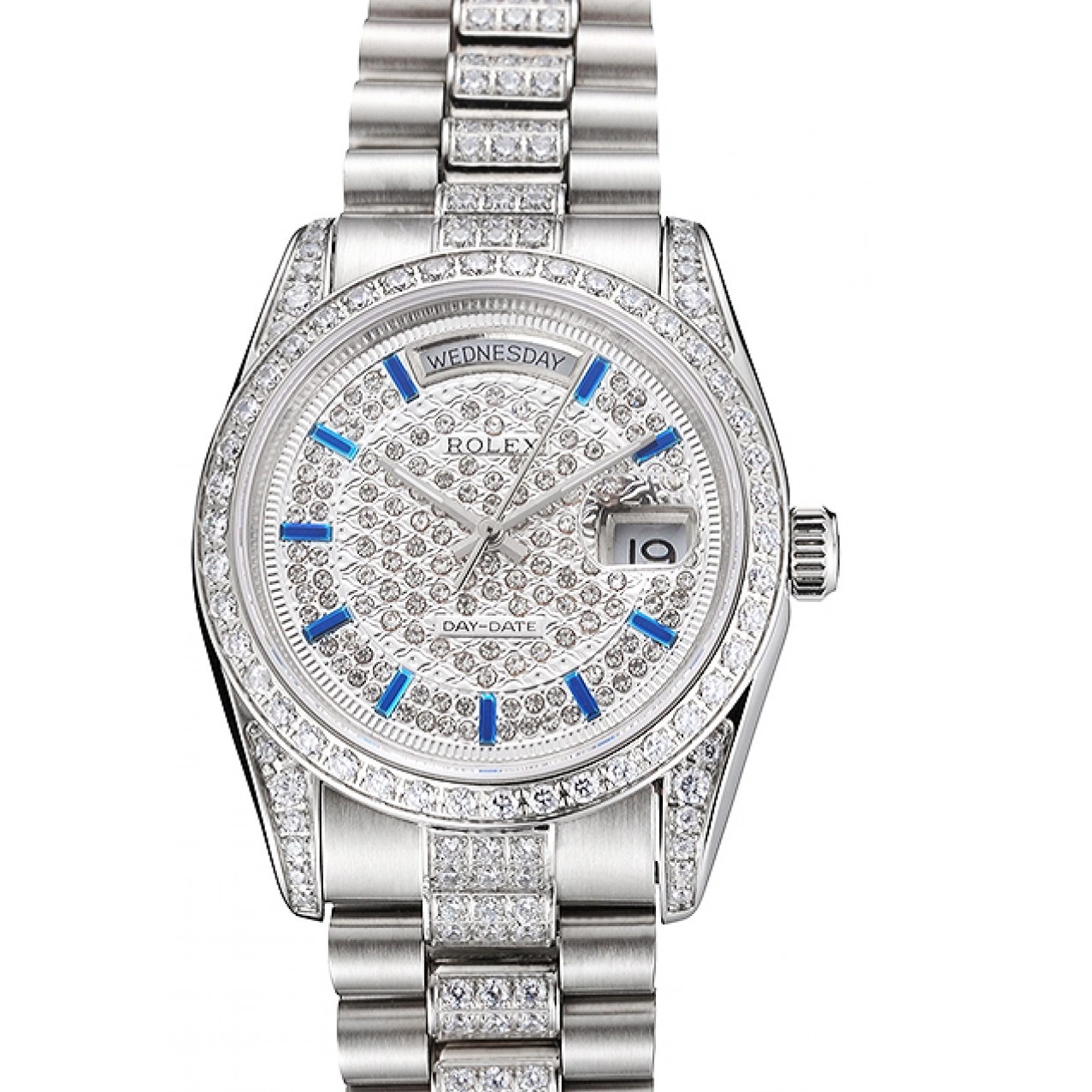 AAA replica watch Swiss Rolex Dial Stainless And Day Diamond And Steel Bezel Date Pave Bracelet 0721